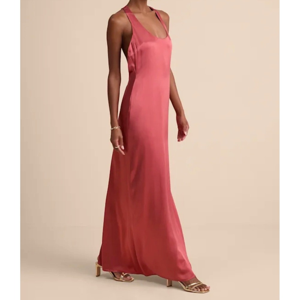 Lulus Organa Rusty Rose Pink Satin Open Back Maxi Dress Scoop Neck  NWT L - Picture 2 of 14
